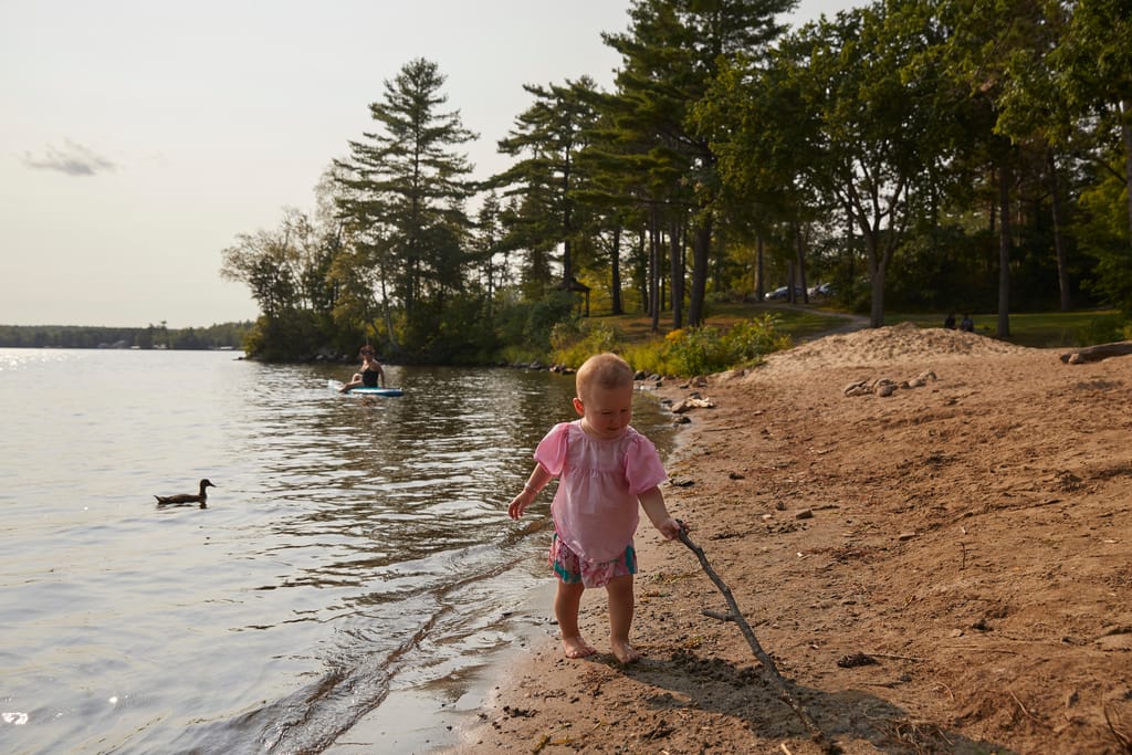 Toddler with a stick on a sandy lakeshore, a duck on the water and a paddleboarder beyond