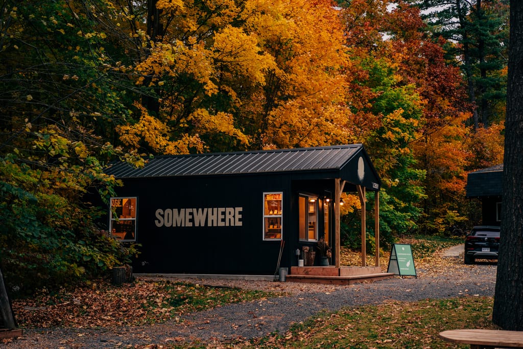 Black lobby building with SOMEWHERE on its wall and glowing windows, surrounded by autumn trees