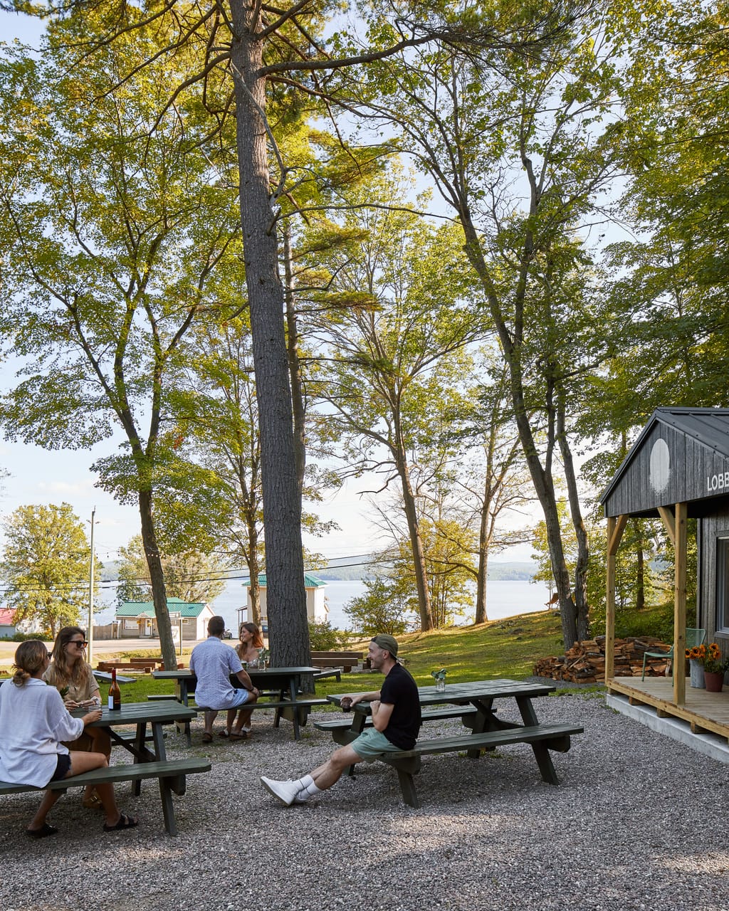 Friends at picnic tables under tall trees by the Lobby Wine Bar, with the lake beyond