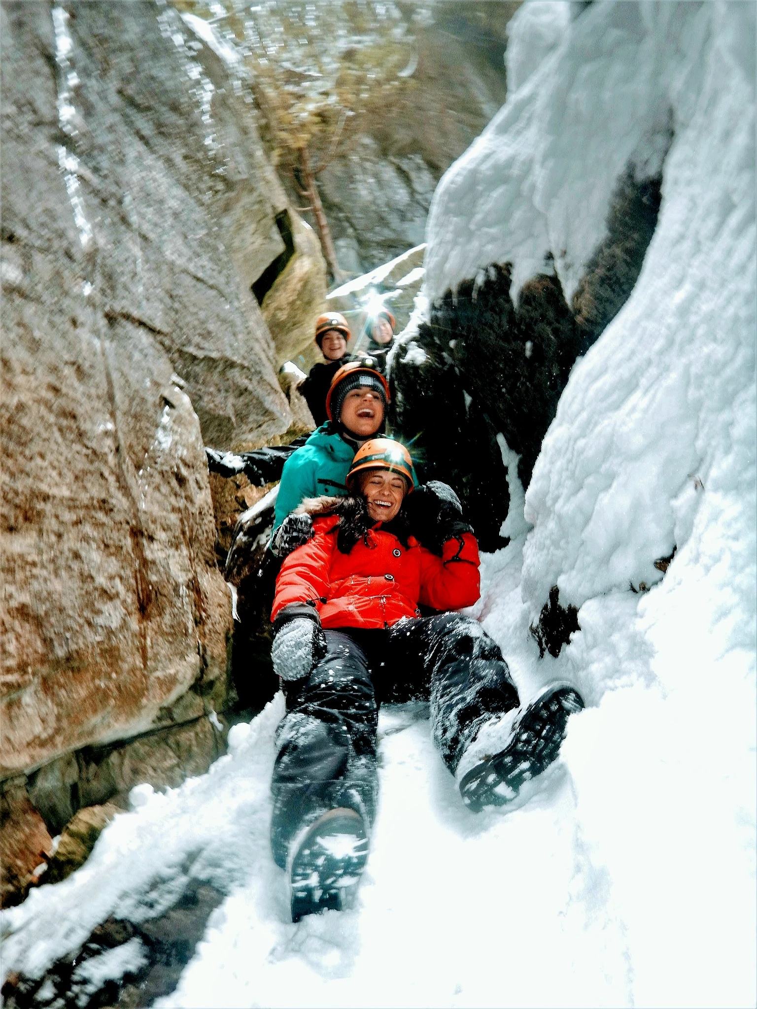 A guided group winter caving in the snow near Collingwood with Free Spirit Tours